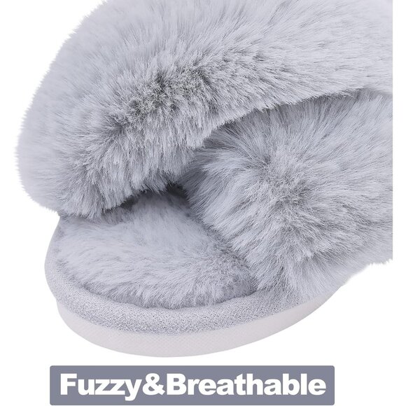 Women's Grey Fuzzy Slippers Cross Band Memory Foam Faux-fur Open Toe Shoes - Picture 5 of 9